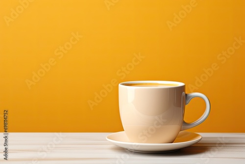 Cappuccino cup with a foam pattern on a yellow background. The concept of coffee with a copy space. generative AI