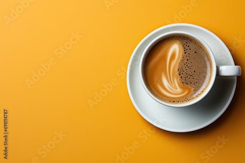Cappuccino cup with a foam pattern on a yellow background. The concept of coffee with a copy space. generative AI