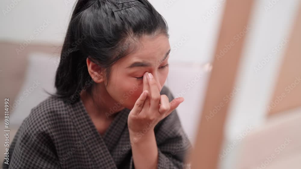 Asian woman applying eyeshadow in front of a large mirror after bathing and styling her hair at home. Showcase her beauty routine. Asian woman applying eyeshadow in front of a large mirror after bathing and styling her hair at home. Showcase her beauty routine.
