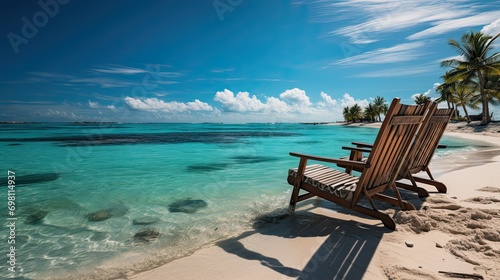 Two armchairs on the shore of the blue ocean under palm trees on a sunny day  an ideal place to relax and enjoy  generative AI