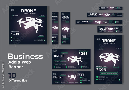 business elements.Business web banner ads template about drones. Electronic promotion banner template set.Web ads banner for business promotion and marketing. Social media cover template vector.