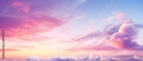Panoramic beautiful sky with clouds of a pink and purple sky view at sunset. Generate AI image © Leafart