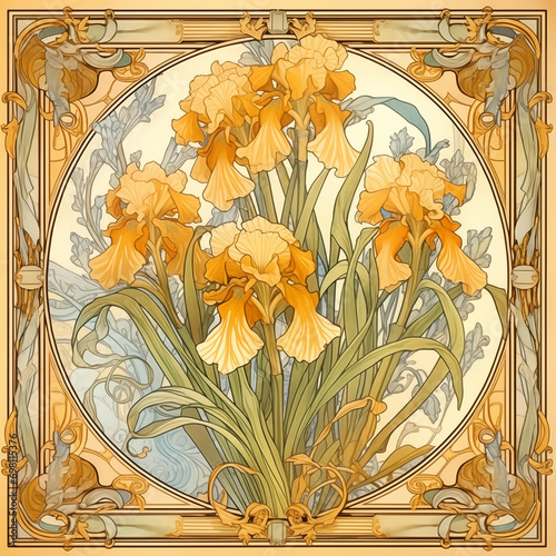 Blooming iris flowers in an Art Nouveau patterned frame. Watercolor hand-drawn style illustration.
