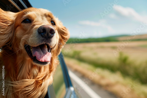 happy dog with head out car window and fur blowing in wind