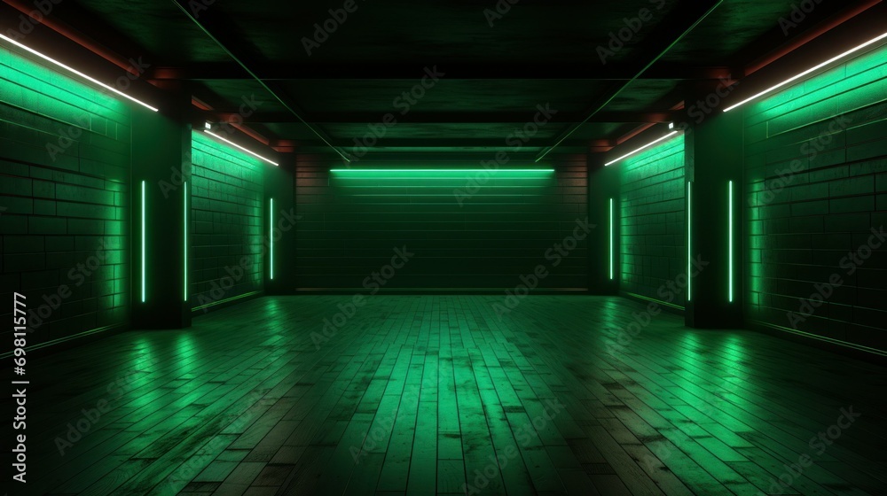 a large empty room illuminated with green neon light. brick wall, dark lighting. blurred.front photo. concept of a place for photo shoots, advertising, covers