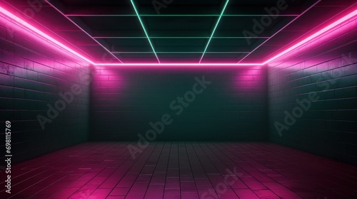 a large empty room illuminated with pink neon light. brick wall, dark lighting. blurred.front photo. concept of a place for photo shoots, advertising, covers