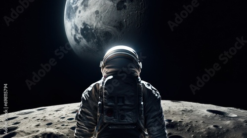 an astronaut from the back in a white spacesuit stands on the surface of the earth and looks from the side of the planet earth. back view. concept of travel to other planets, future, relocation to Mar