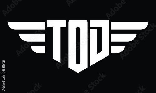 TOD three letter logo, creative wings shape logo design vector template. letter mark, word mark, monogram symbol on black & white.	