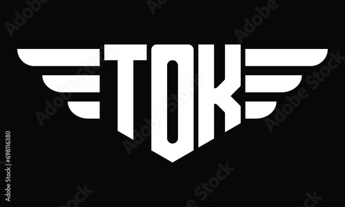 TOK three letter logo, creative wings shape logo design vector template. letter mark, word mark, monogram symbol on black & white.	