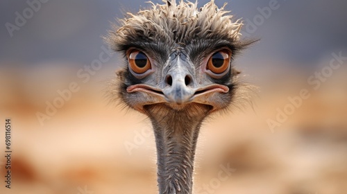 An ostrich against a sandy backdrop, its long neck and big eyes in focus.