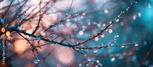 Blurred branches and raindrops on an abstract background.
