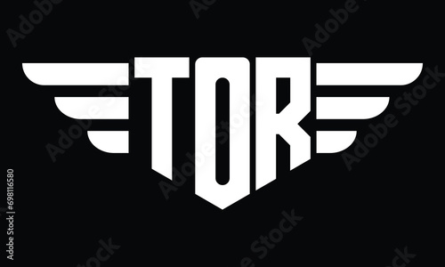 TOR three letter logo, creative wings shape logo design vector template. letter mark, word mark, monogram symbol on black & white.	