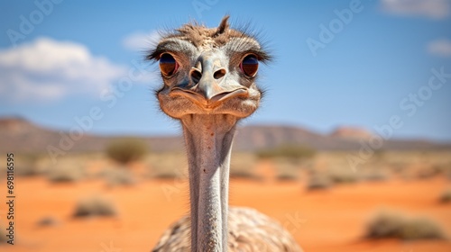 An ostrich against a sandy backdrop, its long neck and big eyes in focus.