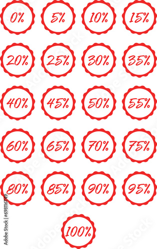 Set of red percent % sign vector illustrations with scalloped sunburst seal sticker background for retail marketing or percentage price reduction sale