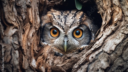 An owl camouflaged against the bark of a tree, eyes wide open. © baloch