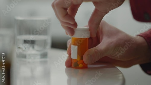 Orange Bottle. A weakened man is tensely undergoing pill therapy in a bright room. Close-up of a man with health problems taking medicinal tablets, innovative approaches to treatment, dose photo