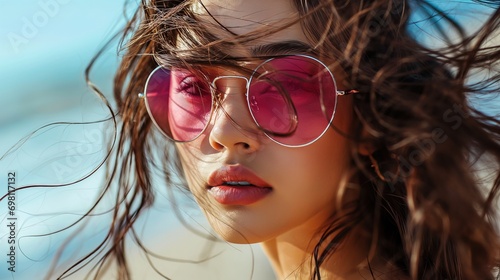 Beauty portrait of fashion model with waving brune hair is pink stylish glasses