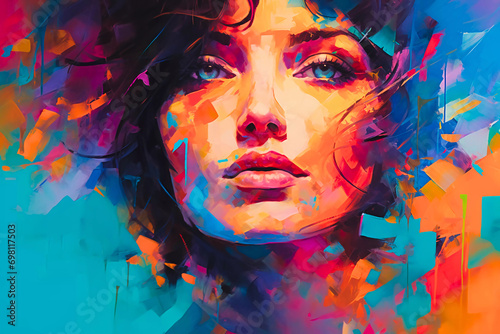 an oil painting with a woman's face in bright colors