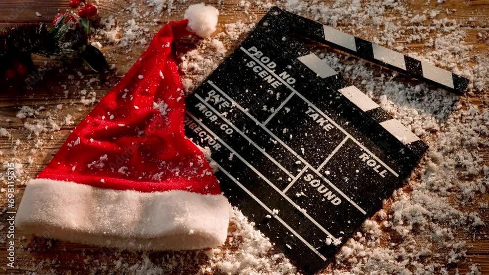 Snow covers a movie clapper board, a Christmas hat, and a spruce branch on a wooden table. A concept based on the release of Christmas holiday movies and film productions.
