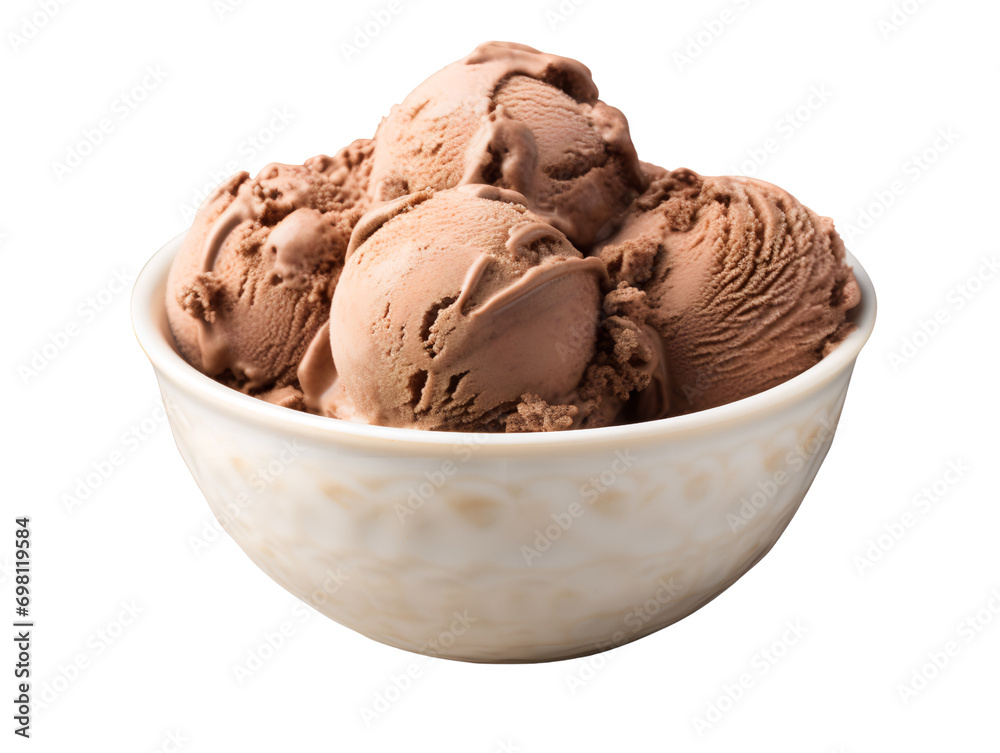 Scoops of Chocolate Ice Cream in a Bowl, isolated on a transparent or white background Scoops of Chocolate Ice Cream in a Bowl, isolated on a transparent or white background