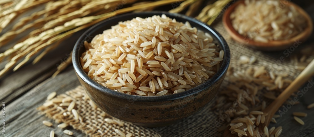 A serving of unpolished, freshly cooked brown rice. A serving of unpolished, freshly cooked brown rice.
