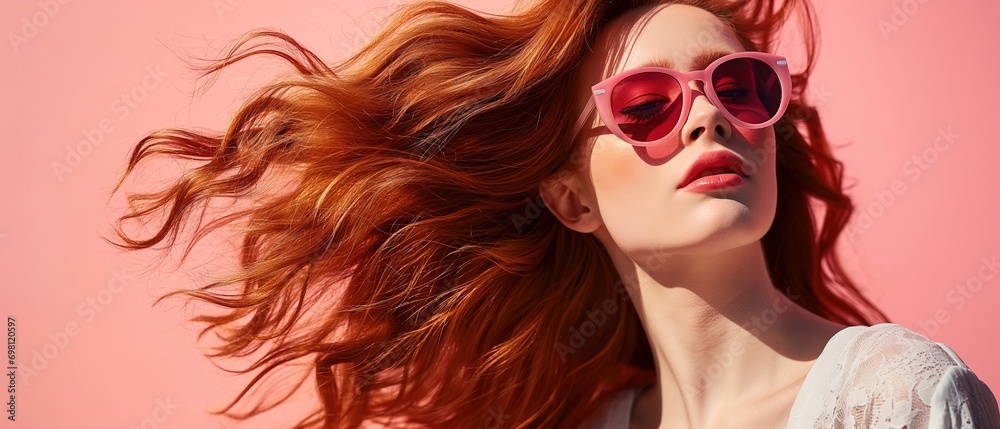 A passionate woman exudes coolness with her long hair and red sunglasses as she looks to the side, showcasing her fashionable eyewear as a key accessory