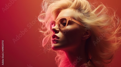 A stylish woman exudes coolness with her long hair and red sunglasses as she looks to the side, showcasing her fashionable eyewear as a key accessory