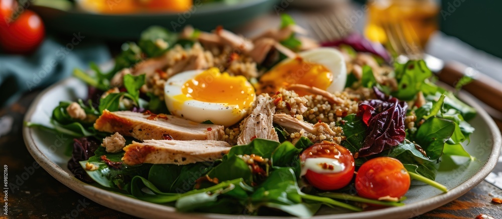 Mixed greens with chicken, chard, eggs, bulgur, and cherry tomatoes. Mixed greens with chicken, chard, eggs, bulgur, and cherry tomatoes.