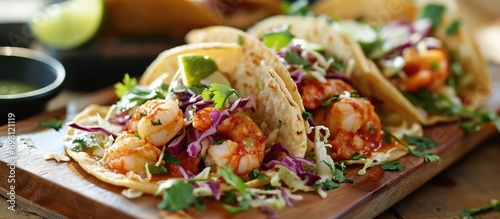 Seafood tacos with a Baja California touch - fish and shrimp.