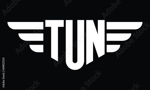 TUN three letter logo, creative wings shape logo design vector template. letter mark, word mark, monogram symbol on black & white.	