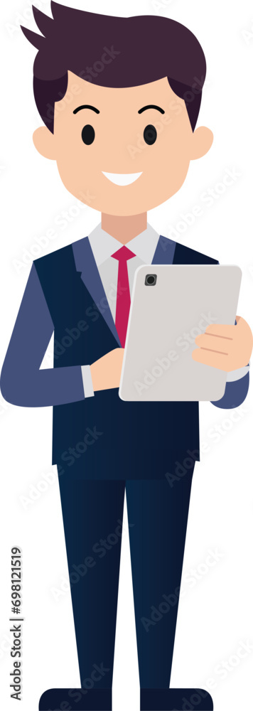 Businessman cartoon holding tablet.Smart man using technology concept