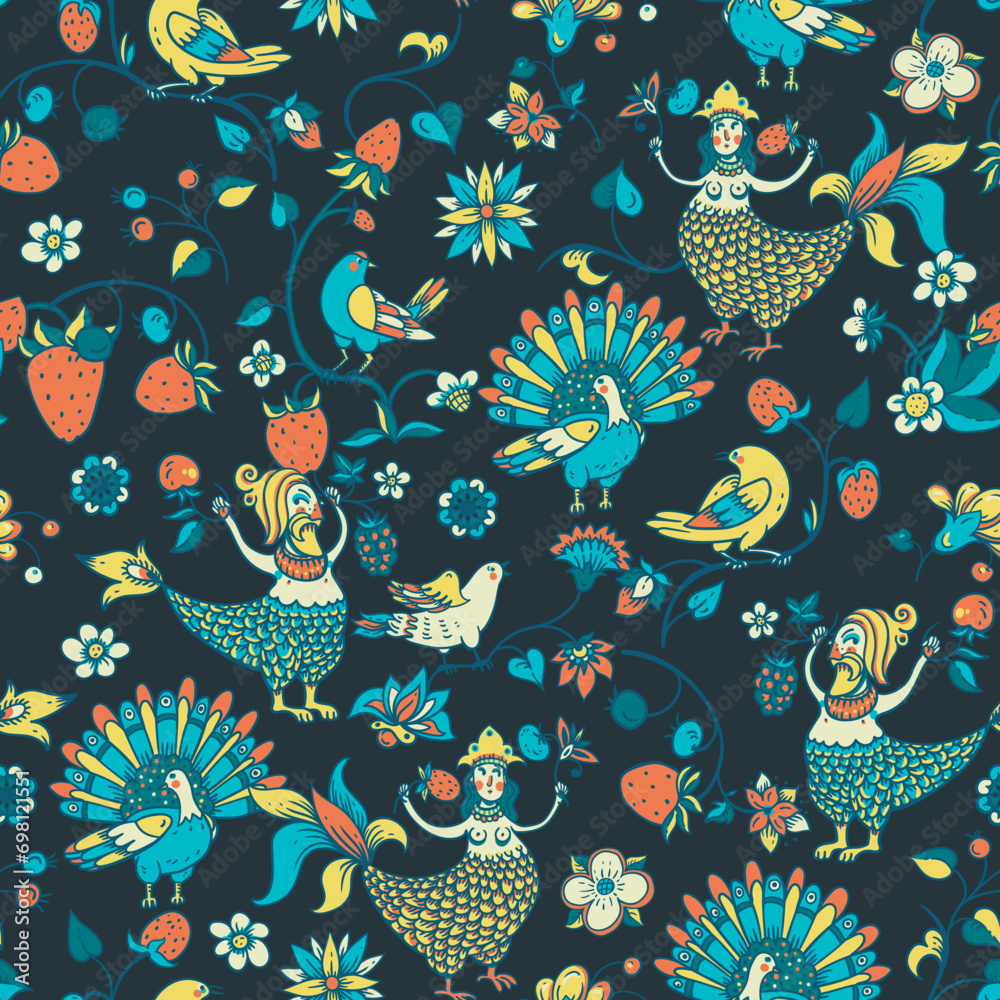 Obraz premium Folk Bird Sirin Seamless Pattern, Medieval Creatures Texture