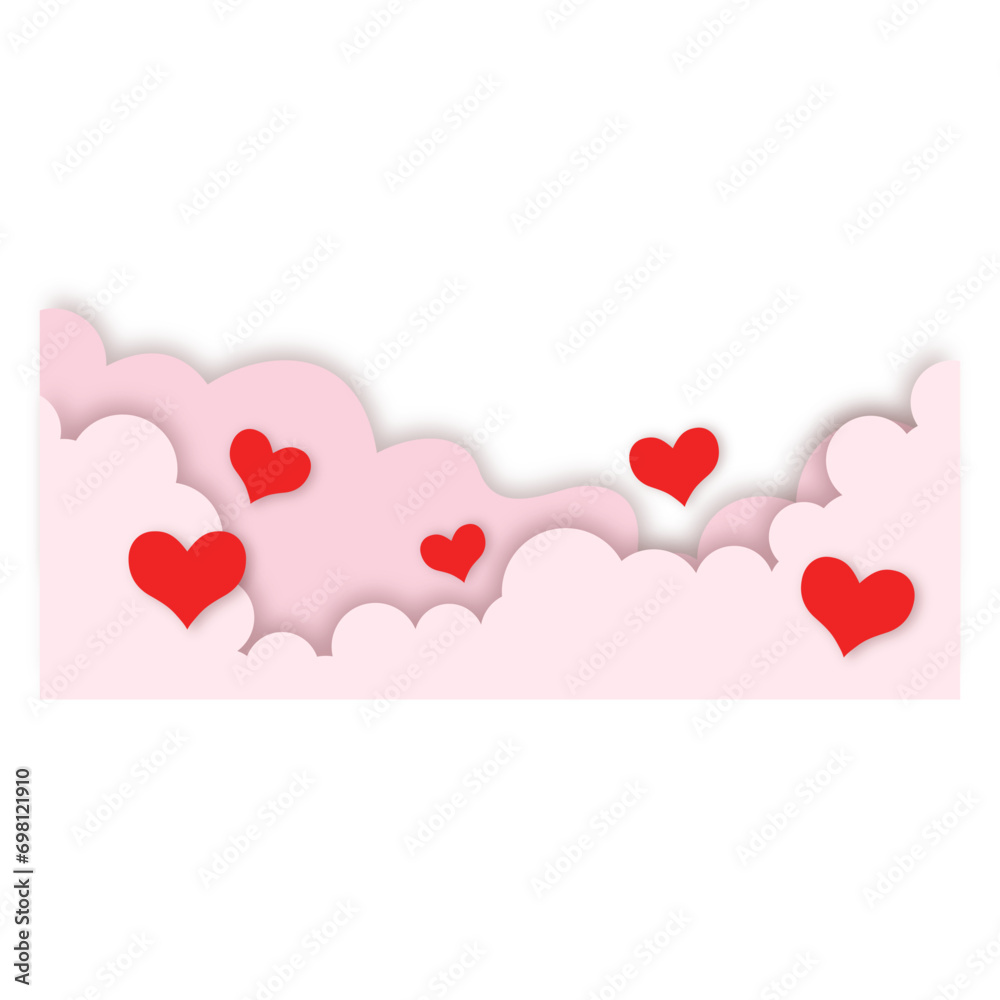 Valentine heart cloud border. Pink cloud detail with heart love shape in paper cut vector illustration background.