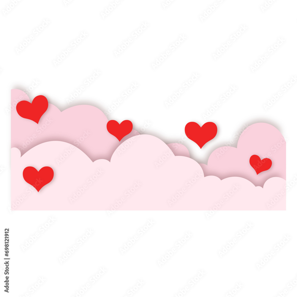 Valentine heart cloud border. Pink cloud detail with heart love shape in paper cut vector illustration background.