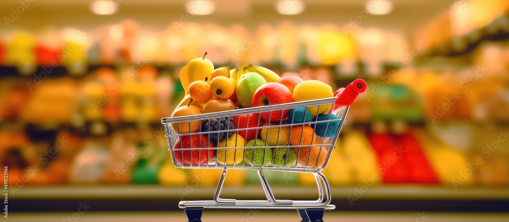 Close up full shopping cart in grocery store fruit shop indoor background