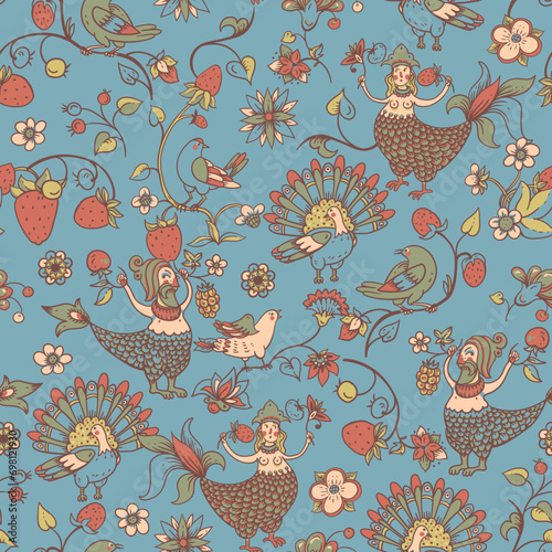 Folk Bird Sirin Seamless Pattern,  Medieval Creatures Texture photo