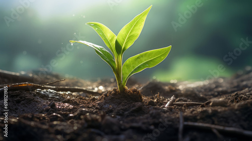 Young plant sprouting in barren soil with sunrise and misty background, symbolizing growth and hope. © Virtual Art Studio