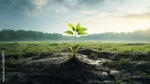 Young plant sprouting in barren soil with sunrise and misty background, symbolizing growth and hope.