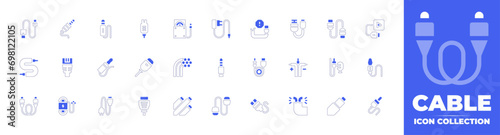 Cable icon collection. Duotone color. Vector and transparent illustration. Containing usb cable, cables, hdmi cable, cable, broken cable, sound cable, audio jack, jack connector, charger, plug.