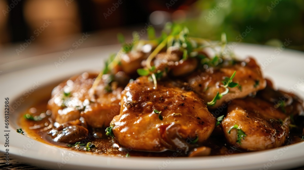 Grilled chicken marsala with mushrooms and herbs on a plate, with fresh vegetables