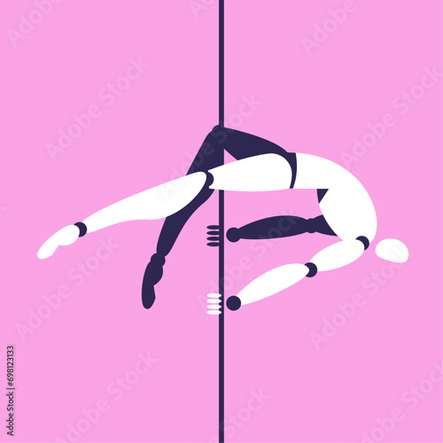 Cyborg with artificial intelligence dances Pole Dance. Future technologies. Ethics in AI. Flat vector illustration.