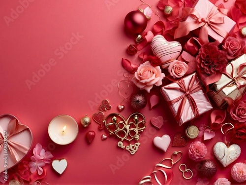 Valentine's Day, background for Valentine with gift ornaments, chocolate, with red and pink colors, romantic background