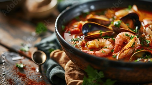 Cioppino seafood stew with shrimp, mussels, and herbs in a black bowl © Leli