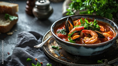 Cioppino seafood stew with shrimp, mussels, and herbs in a bowl