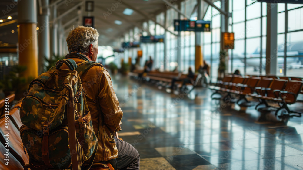 Old man with backpack on his back waiting at airport. Portrait of the man standing at the airport, providing a glimpse into the man's journey ahead. Old man with backpack on his back waiting at airport. Portrait of the man standing at the airport, providing a glimpse into the man's journey ahead.