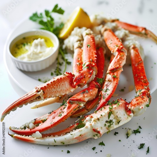 Fresh seafood culinary crab legs with lemon and herb on white background