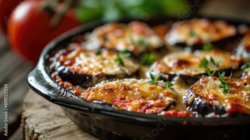 Close-up of a delicious eggplant Parmesan in a pan, garnished with fresh herbs