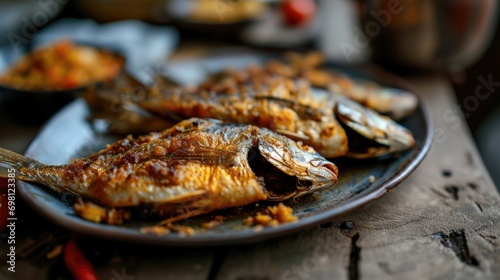 Grilled fish served on a plate with spices on a wooden table, with a blurred background.