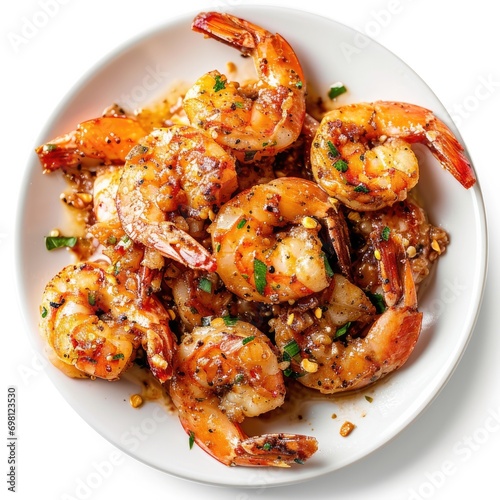 Seasoned grilled garlic shrimp garnished with herbs isolated on a white background.