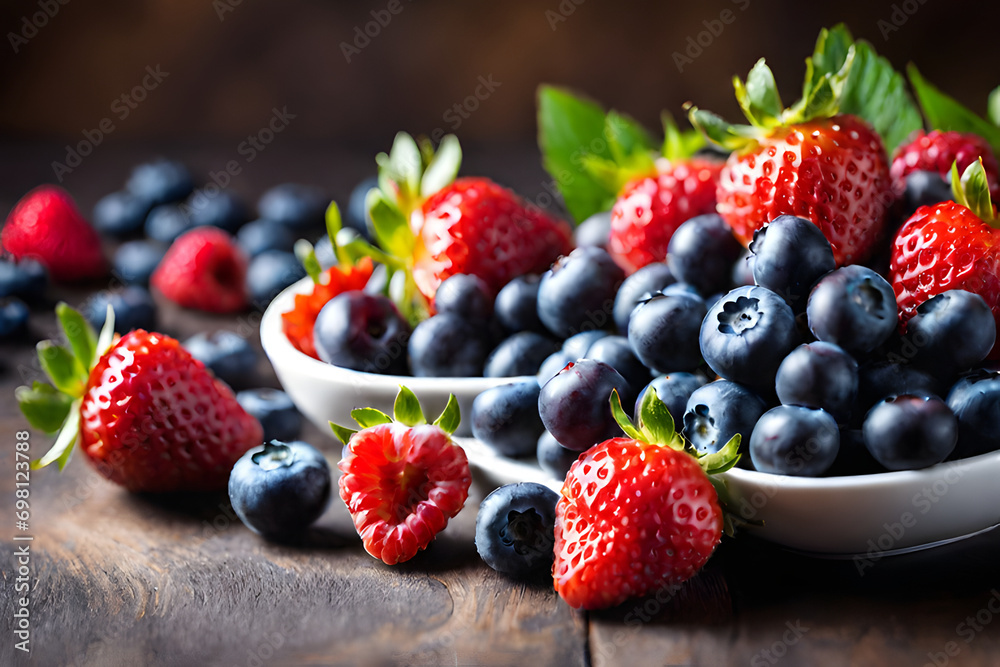 Blueberries, strawberries, and raspberries are excellent choices, copy space, bokeh, detailed, perfect composition, dof.